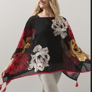 CHICOS Sheer Floral EAST WEST PONCHO WITH TASSELS SIZE S/M